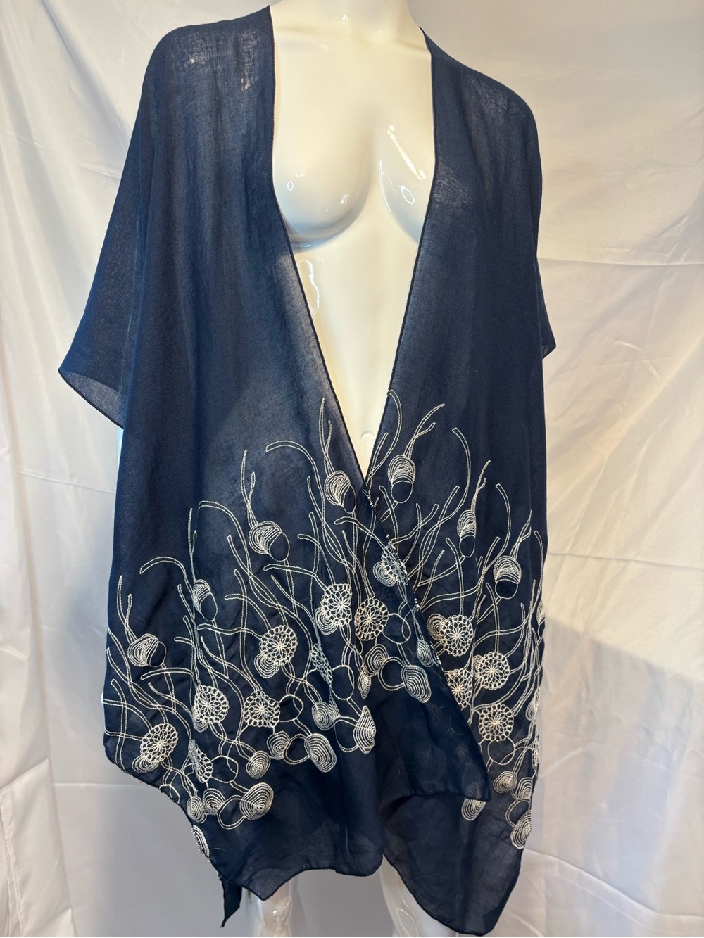Embroidered Navy Sheer Kimono Open Front Top